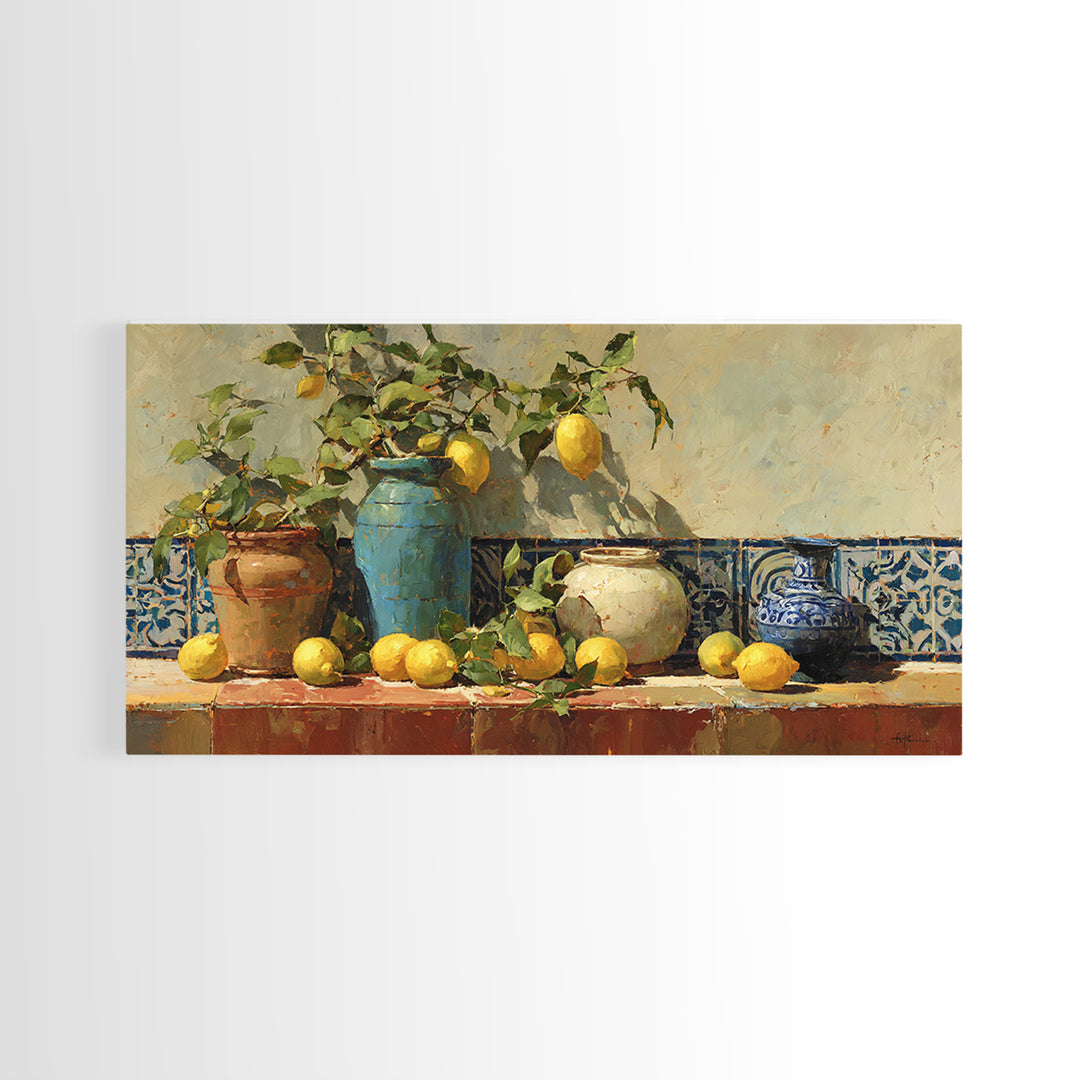 Mediterranean Lemons and Blue Tile Pattern Canvas Print, Patio Art, Boho Decor, Patio Decor, Fine Art, Outdoor, Outdoor Decor, PAT-2x1-22
