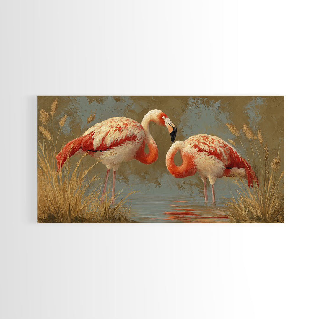 Flamingo Pair Beside Shallow Water Framed Canvas Print, Patio Art, Luxury Decor, Patio Decor, Fine Art, Outdoor, Wall Hanging, PAT-2x1-30