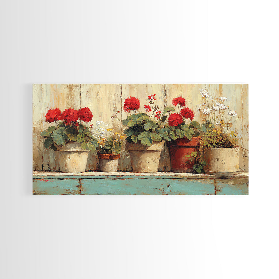 Potted Geraniums in Rustic Clay Pots Framed Canvas Print, Patio Art, Art Print, Patio Decor, Fine Art, Outdoor, Garden Decor, PAT-2x1-34