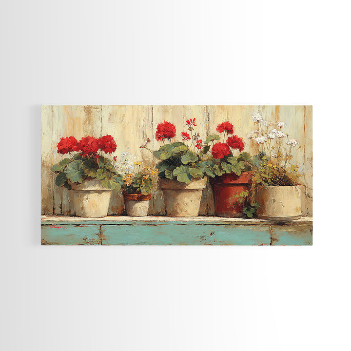 Potted Geraniums in Rustic Clay Pots Framed Canvas Print, Patio Art, Art Print, Patio Decor, Fine Art, Outdoor, Garden Decor, PAT-2x1-34