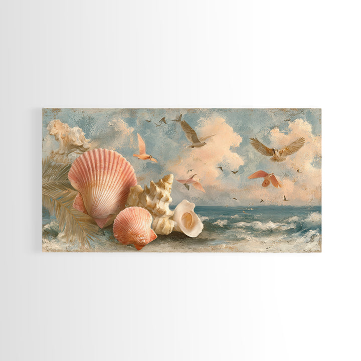 Beachy Shell and Palm Arrangement Canvas Print, Patio Art, Outdoor Decor, Patio Decor, Oil Painting, Outdoor, Bar Art, PAT-2x1-39