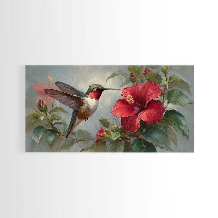 Hummingbird Visiting Bright Hibiscus Canvas Print, Patio Art, Metal Art, Patio Decor, Oil Painting, Outdoor, Patio Cushions, PAT-2x1-47