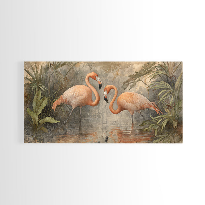 Flamingo Pair Beside Shallow Water Canvas Print, Patio Art, Contemporary Art, Patio Decor, Fine Art, Outdoor, Metal Art, PAT-2x1-54
