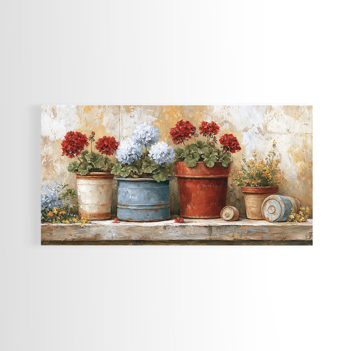 Potted Geraniums in Rustic Clay Pots Canvas Print, Patio Art, Wall Art, Patio Decor, Fine Art, Outdoor, Outdoor Wall Decor, PAT-2x1-58