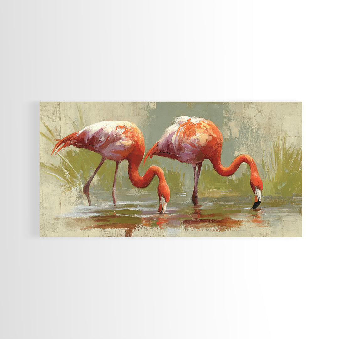 Flamingo Pair Beside Shallow Water Framed Canvas Print, Patio Art, Luxury Decor, Patio Decor, Fine Art, Outdoor, Wall Hanging, PAT-2x1-6