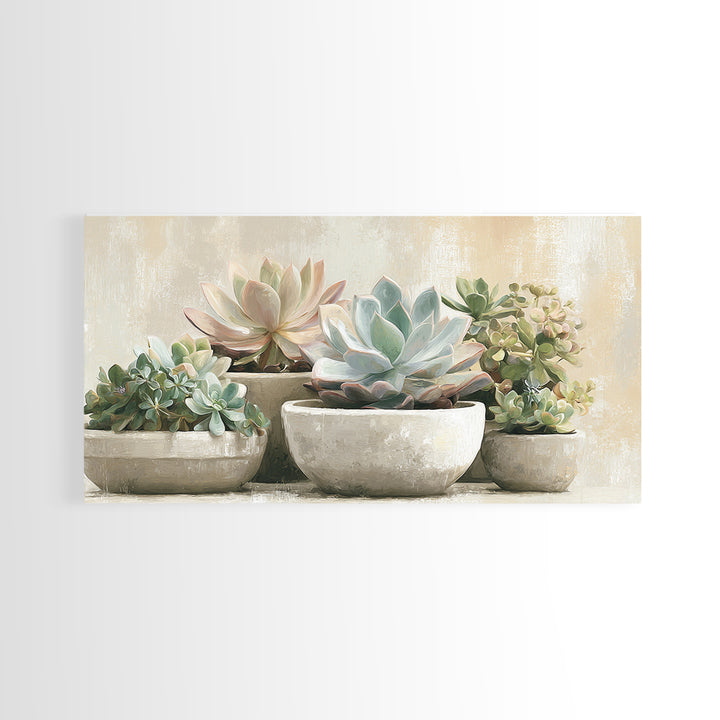 Succulent Collection in Ceramic Planters Framed Canvas Print, Patio Art, Metal Wall Art, Patio Decor, Abstract Art, Outdoor, PAT-2x1-65