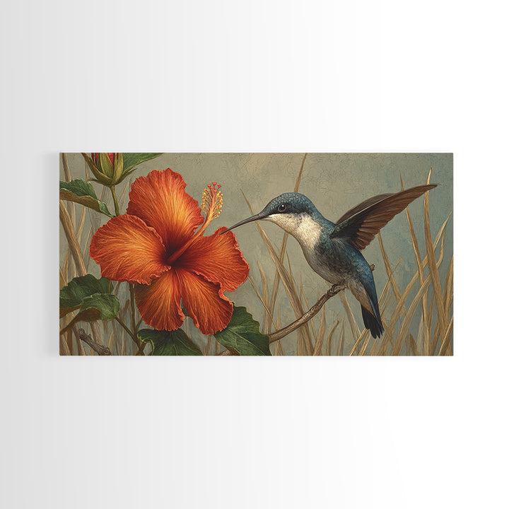 Hummingbird Visiting Bright Hibiscus Canvas Print, Patio Art, Lake House Decor, Patio Decor, Abstract Art, Outdoor, Boho Decor, PAT-2x1-71