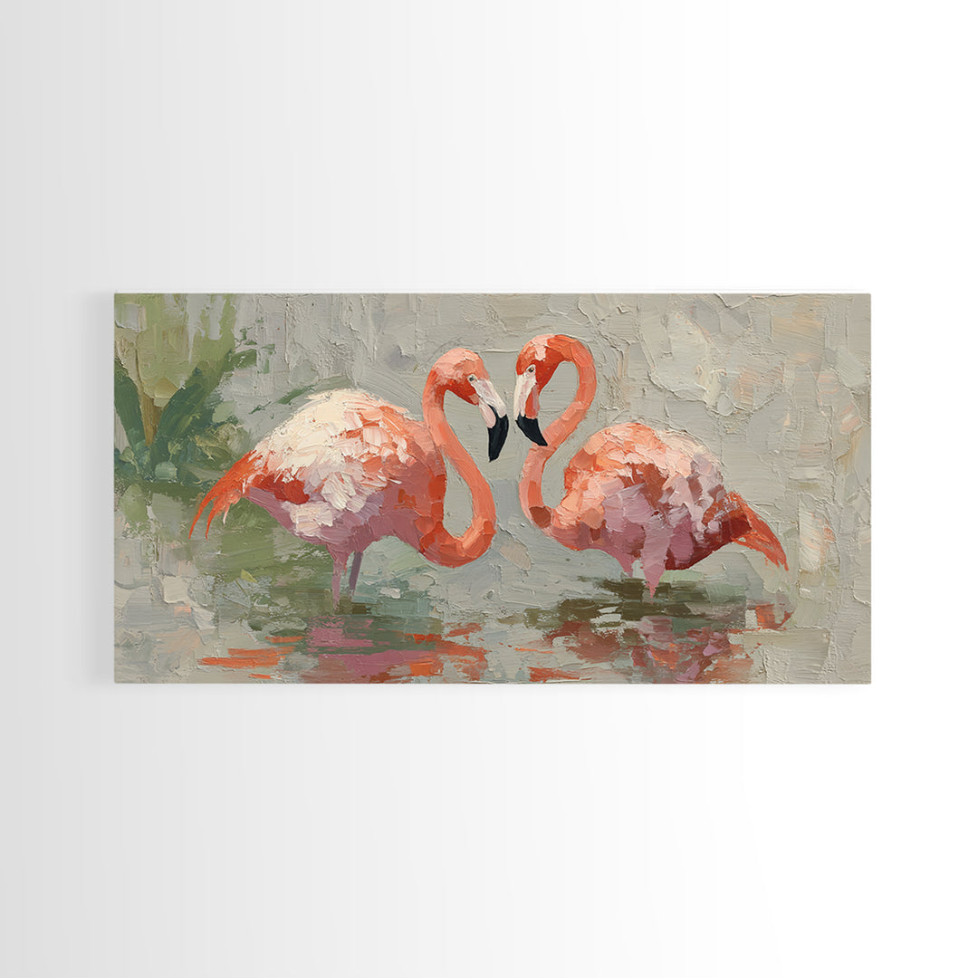 Flamingo Pair Beside Shallow Water Canvas Print, Patio Art, Contemporary Art, Patio Decor, Fine Art, Outdoor, Metal Art, PAT-2x1-78