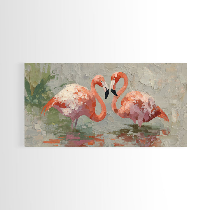 Flamingo Pair Beside Shallow Water Canvas Print, Patio Art, Contemporary Art, Patio Decor, Fine Art, Outdoor, Metal Art, PAT-2x1-78