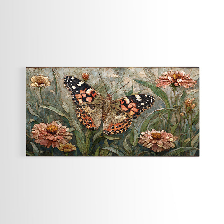 Butterfly Garden with Zinnias and Daisies Framed Canvas Print, Patio Art, Outdoor Wall Art, Patio Decor, Fine Art, Outdoor, PAT-2x1-81