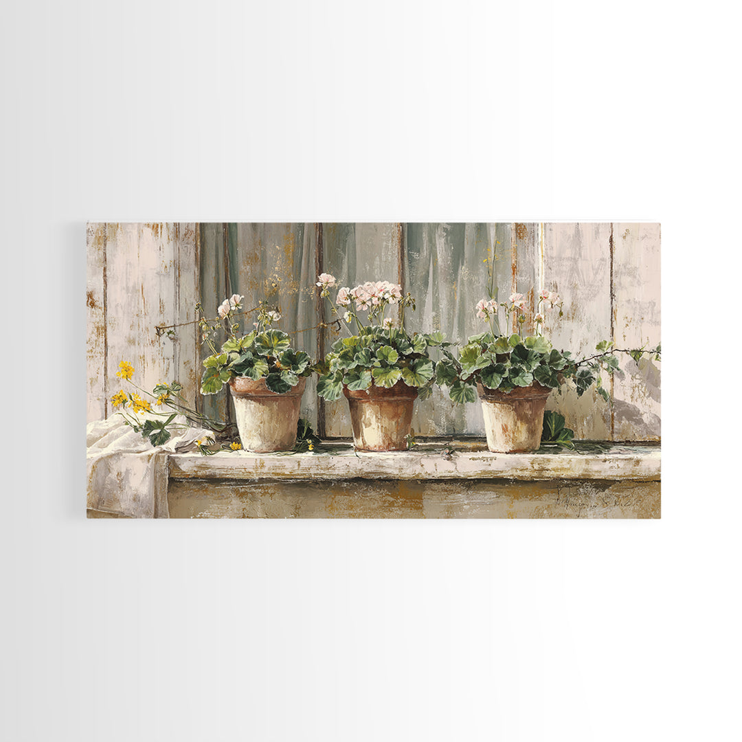 Potted Geraniums in Rustic Clay Pots Canvas Print, Patio Art, Wall Art, Patio Decor, Fine Art, Outdoor, Outdoor Wall Decor, PAT-2x1-82