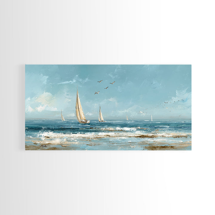 Sailboat on a Breezy Summer Horizon Framed Canvas Print, Patio Art, Contemporary Art, Patio Decor, Oil Painting, Outdoor, PAT-2x1-83