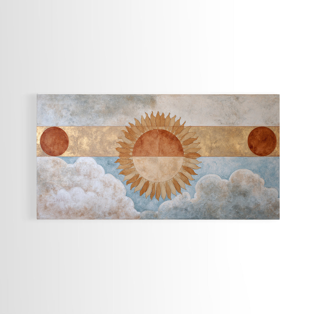 Sun Motif with Warm Terracotta Rays Framed Canvas Print, Patio Art, Home Decor, Patio Decor, Fine Art, Outdoor, Floral Wall Art, PAT-2x1-86