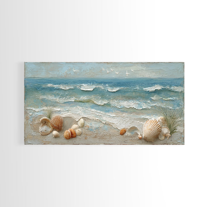 Beachy Shell and Palm Arrangement Framed Canvas Print, Patio Art, Porch Decor, Patio Decor, Fine Art, Outdoor, Fine Art Print, PAT-2x1-87