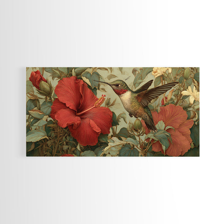 Hummingbird Visiting Bright Hibiscus Framed Canvas Print, Patio Art, Outdoor Art, Patio Decor, Fine Art, Outdoor, PAT-2x1-95