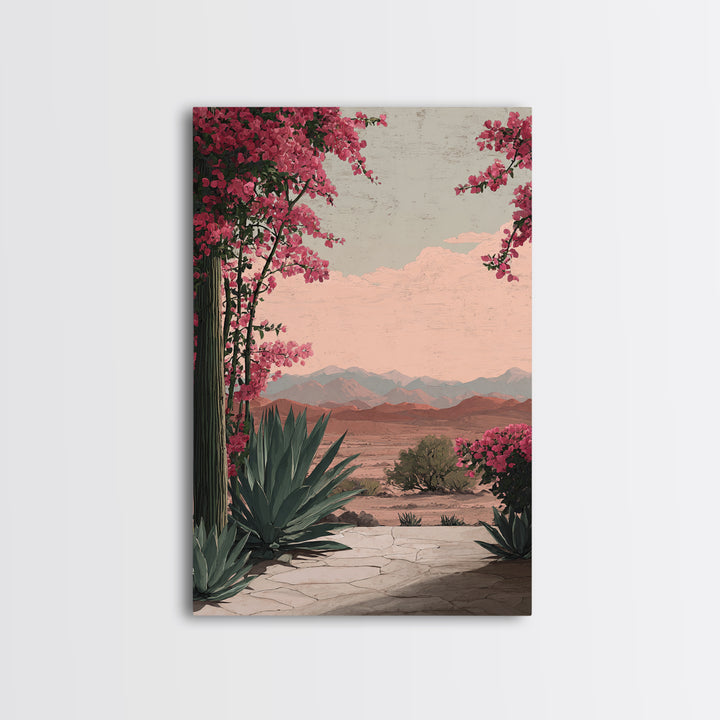 Desert Patio Agave and Bougainvillea Framed Canvas Print, Patio Art, Wall Art, Patio Decor, Oil Painting, Outdoor, PAT-2x3-1