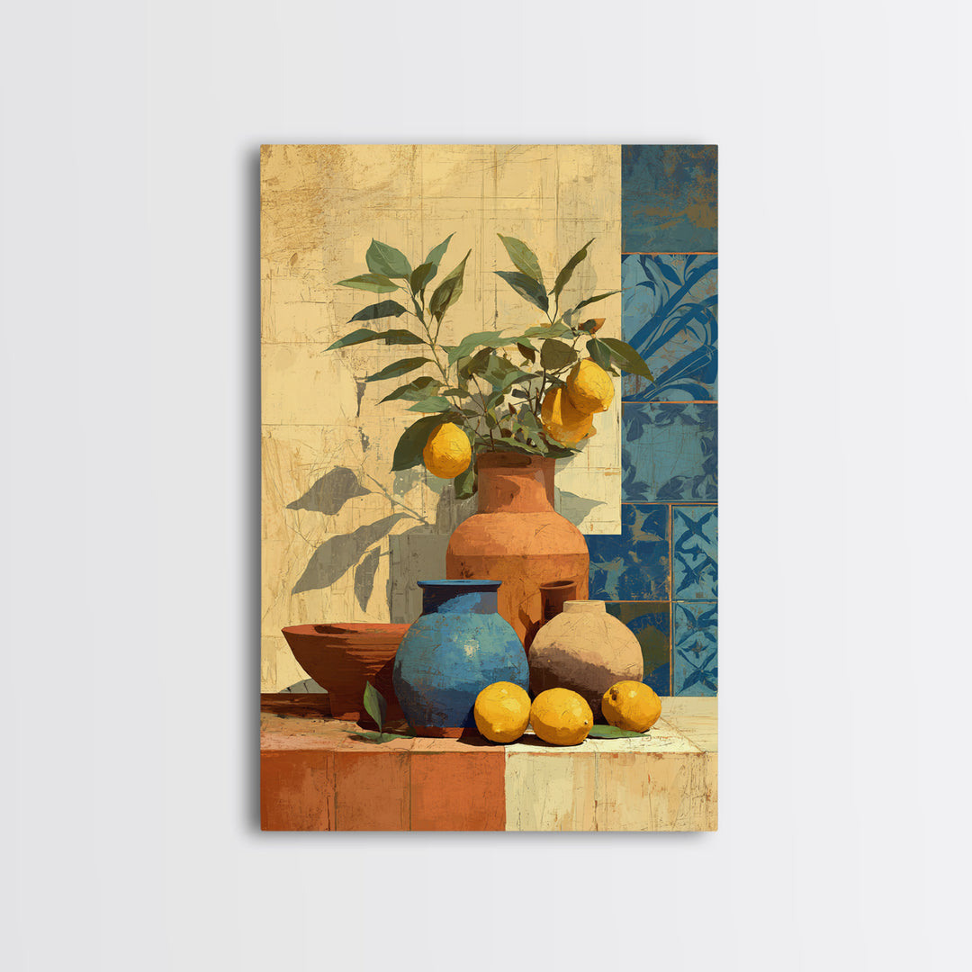 Mediterranean Lemons and Blue Tile Pattern Canvas Print, Patio Art, Luxury Decor, Patio Decor, Fine Art, Outdoor, Wall Hanging, PAT-2x3-10