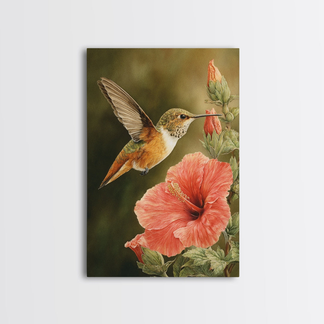 Hummingbird Visiting Bright Hibiscus Canvas Print, Patio Art, Patio, Patio Decor, Abstract Art, Outdoor, Minimalist Decor, PAT-2x3-11