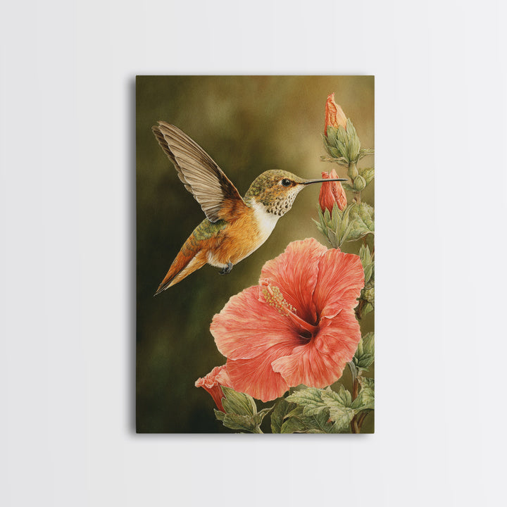 Hummingbird Visiting Bright Hibiscus Canvas Print, Patio Art, Patio, Patio Decor, Abstract Art, Outdoor, Minimalist Decor, PAT-2x3-11