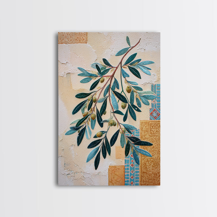 Olive Branch Wreath on Warm Plaster Framed Canvas Print, Patio Art, Outdoor Decor, Patio Decor, Fine Art, Outdoor, Bar Art, PAT-2x3-17