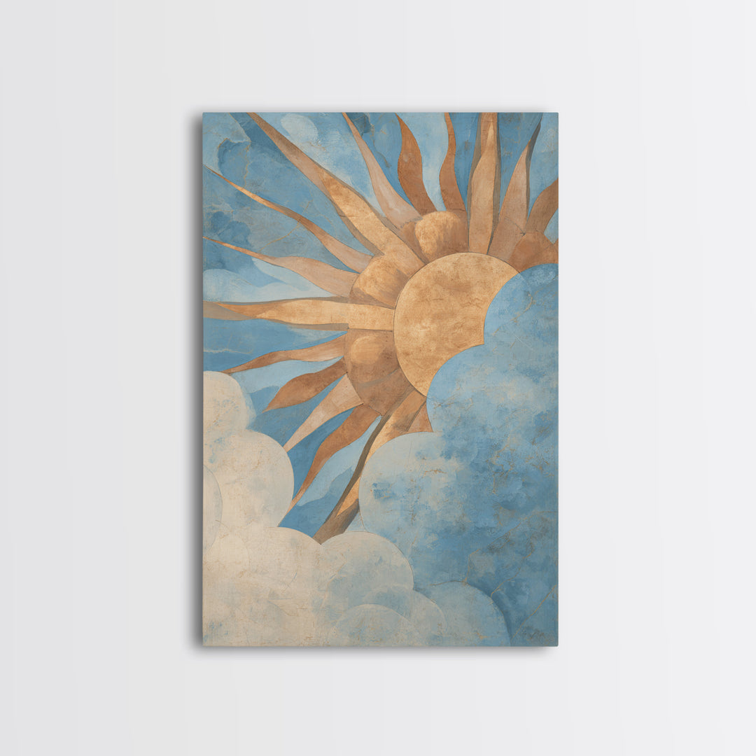 Sun Motif with Warm Terracotta Rays Framed Canvas Print, Patio Art, Boho Decor, Patio Decor, Abstract Art, Outdoor, PAT-2x3-2