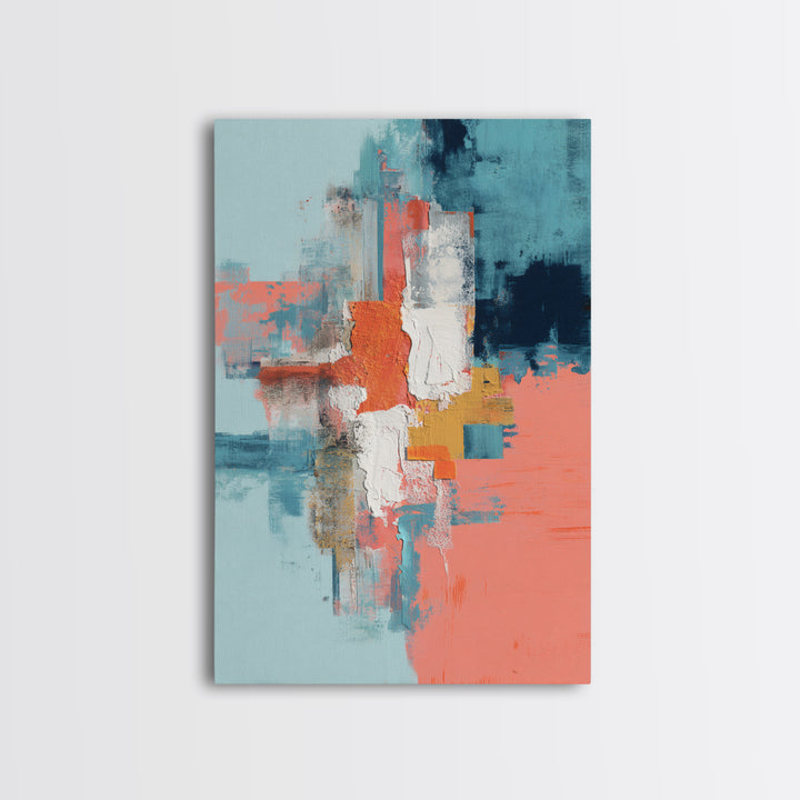 Bright Coral and Turquoise Abstract for Outdoors Framed Canvas Print, Patio Art, Wall Hanging, Patio Decor, Abstract Art, PAT-2x3-20