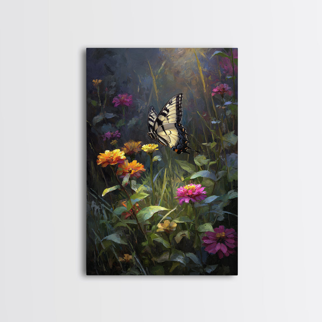 Butterfly Garden with Zinnias and Daisies Framed Canvas Print, Patio Art, Contemporary Art, Patio Decor, Fine Art, Outdoor, PAT-2x3-21