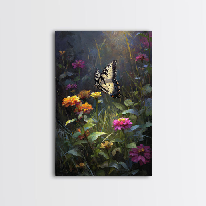 Butterfly Garden with Zinnias and Daisies Framed Canvas Print, Patio Art, Contemporary Art, Patio Decor, Fine Art, Outdoor, PAT-2x3-21