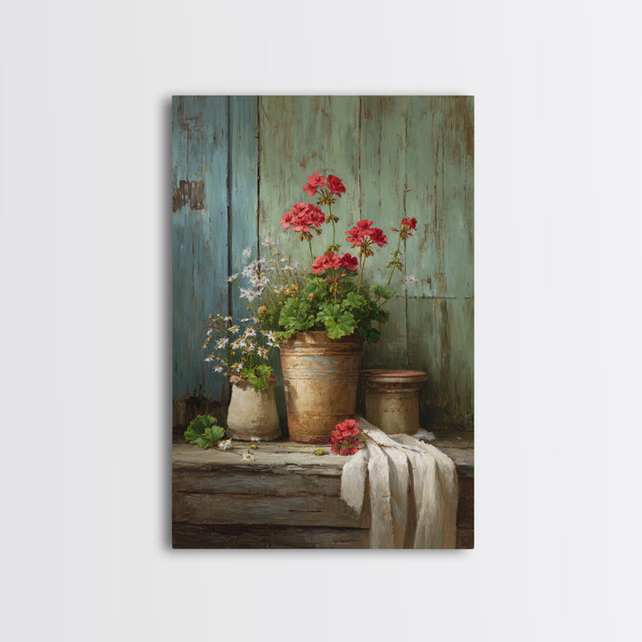 Potted Geraniums in Rustic Clay Pots Framed Canvas Print, Patio Art, Textured Painting, Patio Decor, Fine Art, Outdoor, PAT-2x3-22