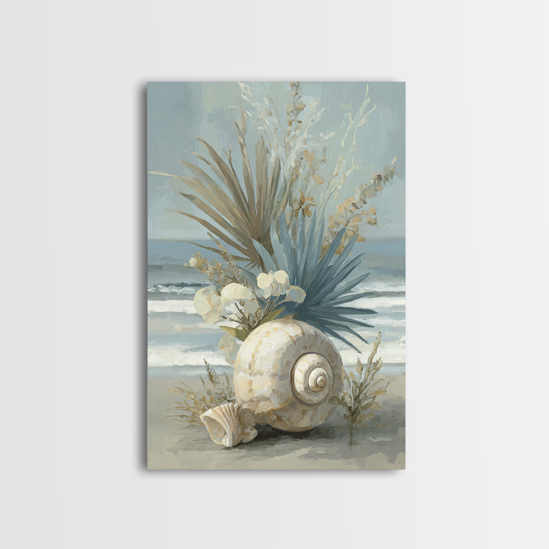 Beachy Shell and Palm Arrangement Framed Canvas Print, Patio Art, Rustic Decor, Patio Decor, Fine Art, Outdoor, PAT-2x3-3