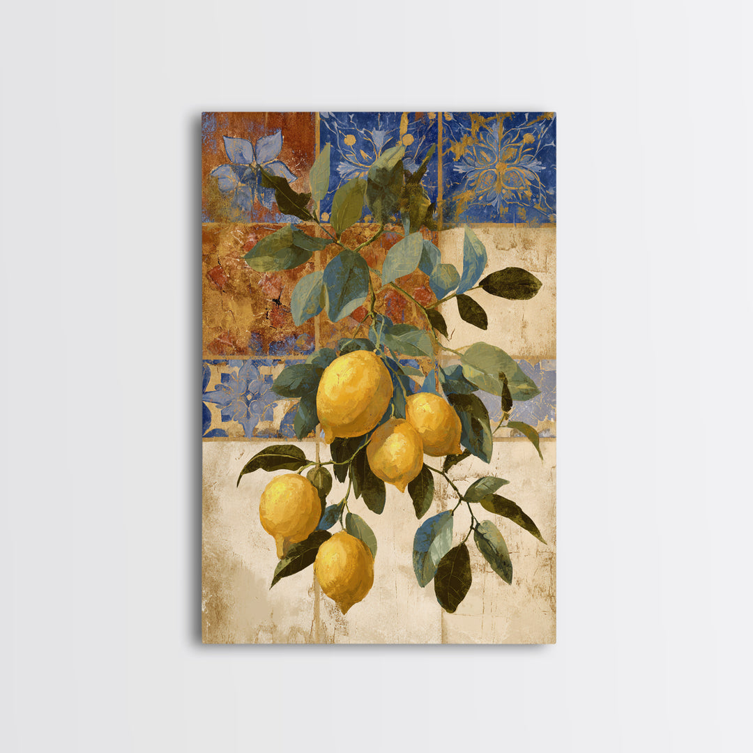 Mediterranean Lemons and Blue Tile Pattern Framed Canvas Print, Patio Art, Contemporary Art, Patio Decor, Fine Art, Outdoor, PAT-2x3-34