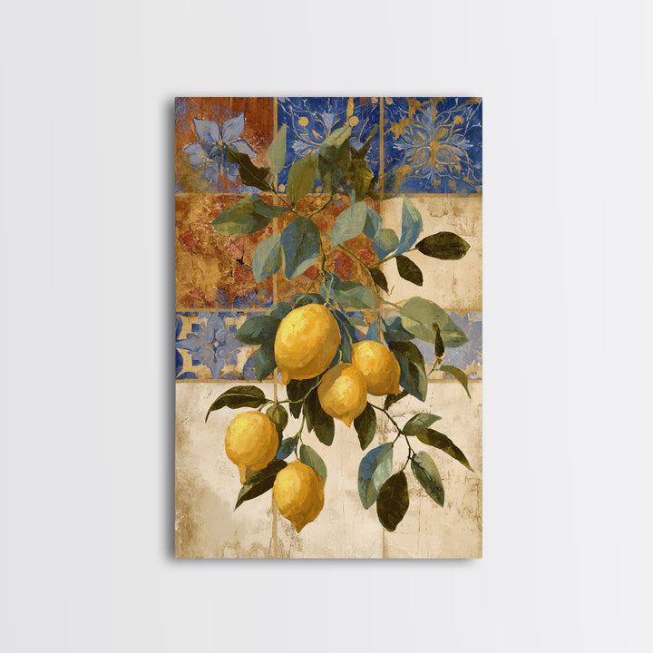 Mediterranean Lemons and Blue Tile Pattern Framed Canvas Print, Patio Art, Contemporary Art, Patio Decor, Fine Art, Outdoor, PAT-2x3-34
