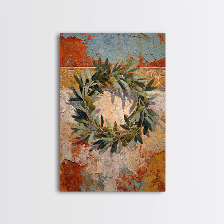 Olive Branch Wreath on Warm Plaster Framed Canvas Print, Patio Art, Outdoor Decor, Patio Decor, Fine Art, Outdoor, Bar Art, PAT-2x3-41