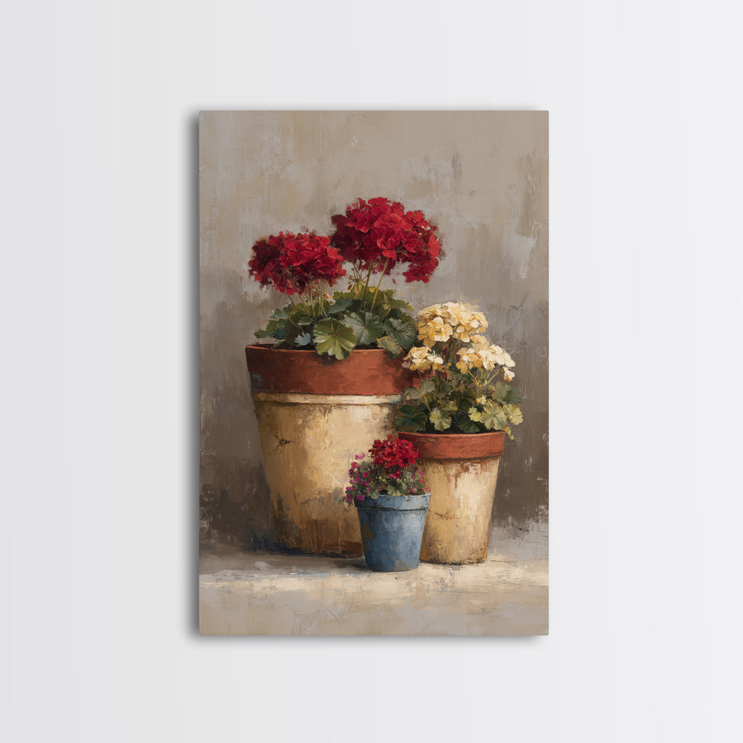 Potted Geraniums in Rustic Clay Pots Framed Canvas Print, Patio Art, Textured Painting, Patio Decor, Fine Art, Outdoor, PAT-2x3-46