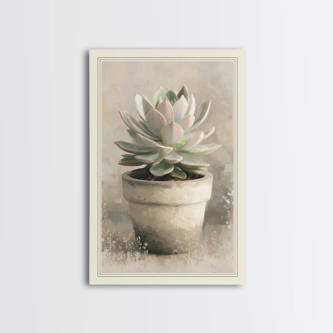 Succulent Collection in Ceramic Planters Framed Canvas Print, Patio Art, Garden Decor, Patio Decor, Oil Painting, Outdoor, PAT-2x3-53