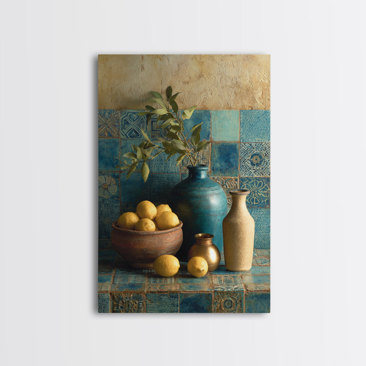 Mediterranean Lemons and Blue Tile Pattern Canvas Print, Patio Art, Metal Wall Art, Patio Decor, Outdoor, Coastal Wall Decor, PAT-2x3-58