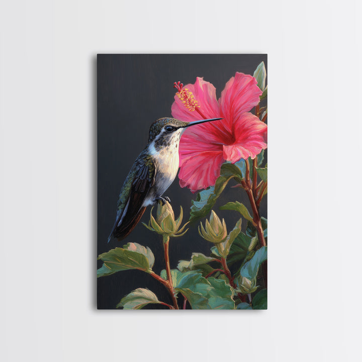 Hummingbird Visiting Bright Hibiscus Framed Canvas Print, Patio Art, Decor, Patio Decor, Oil Painting, Outdoor, PAT-2x3-59