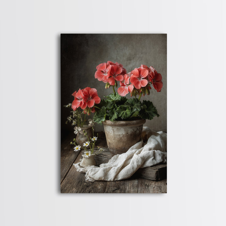Potted Geraniums in Rustic Clay Pots Canvas Print, Patio Art, Wall Decor, Patio Decor, Fine Art, Outdoor, Coastal Decor, PAT-2x3-70