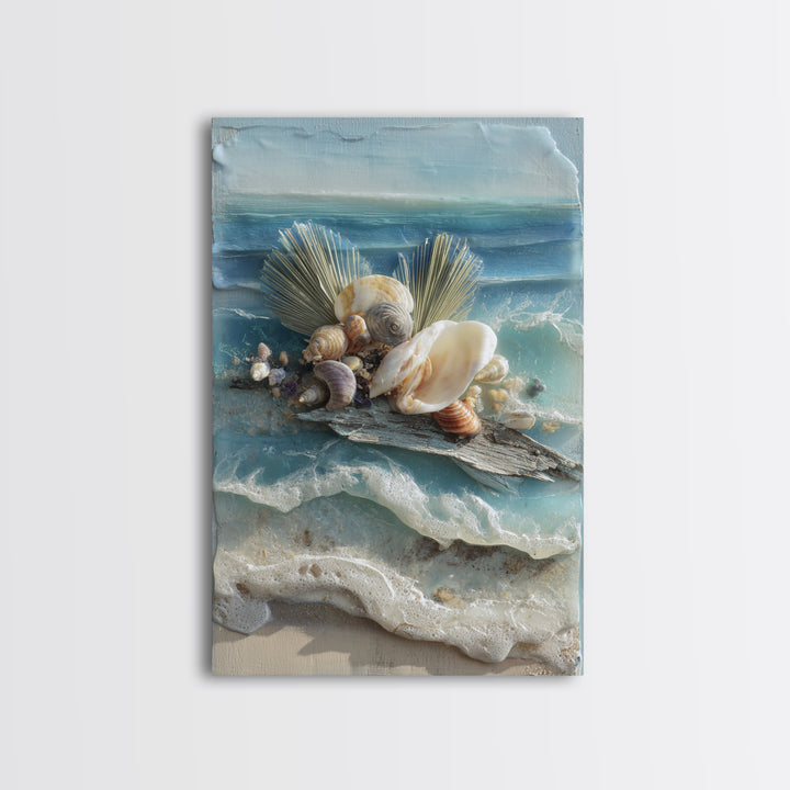 Beachy Shell and Palm Arrangement Framed Canvas Print, Patio Art, Garden Decor, Patio Decor, Fine Art, Outdoor, Beach Art, PAT-2x3-75