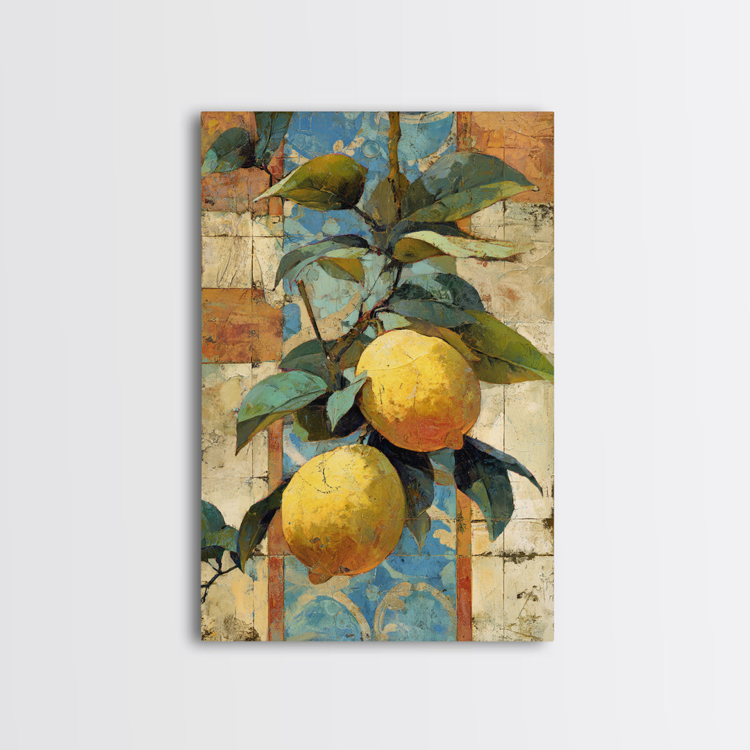 Mediterranean Lemons and Blue Tile Pattern Canvas Print, Patio Art, Metal Wall Art, Patio Decor, Outdoor, Coastal Wall Decor, PAT-2x3-82