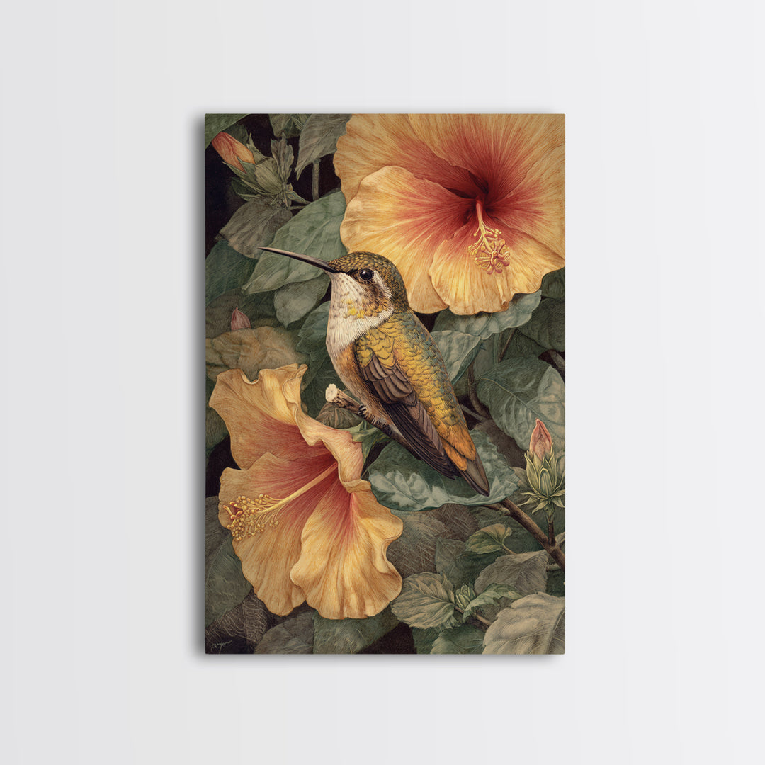 Hummingbird Visiting Bright Hibiscus Framed Canvas Print, Patio Art, Coastal Decor, Patio Decor, Abstract Art, Outdoor, PAT-2x3-83
