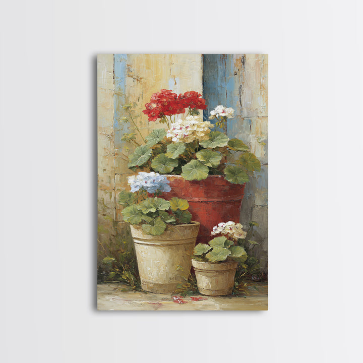Potted Geraniums in Rustic Clay Pots Framed Canvas Print, Patio Art, Garden Art, Patio Decor, Outdoor, Beach House Decor, PAT-2x3-94