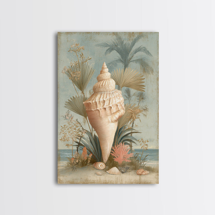 Beachy Shell and Palm Arrangement Canvas Print, Patio Art, Outdoor Wall Decor, Patio Decor, Fine Art, Outdoor, Yard Decor, PAT-2x3-99