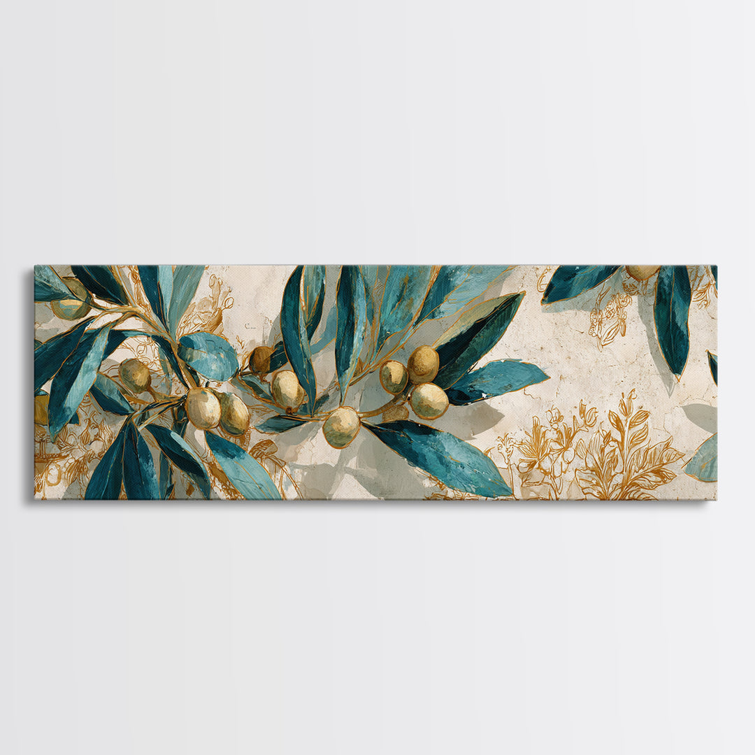 Olive Branch Wreath on Warm Plaster Framed Canvas Print, Patio Art, Floral Wall Art, Patio Decor, Outdoor, Mixed Media Art, PAT-3x1-1