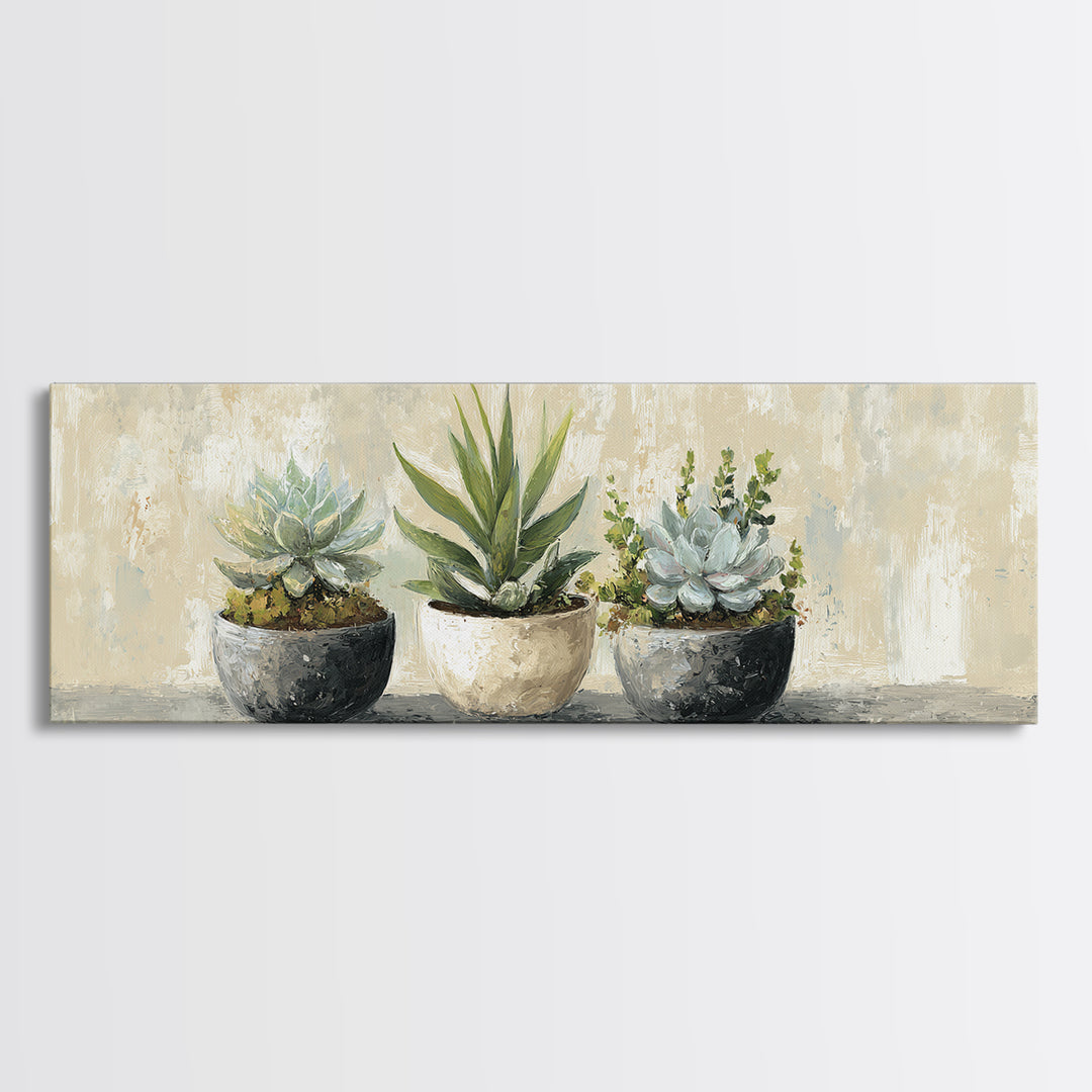 Succulent Collection in Ceramic Planters Canvas Print, Patio Art, Yard Art, Patio Decor, Fine Art, Outdoor, Lake House Decor, PAT-3x1-13