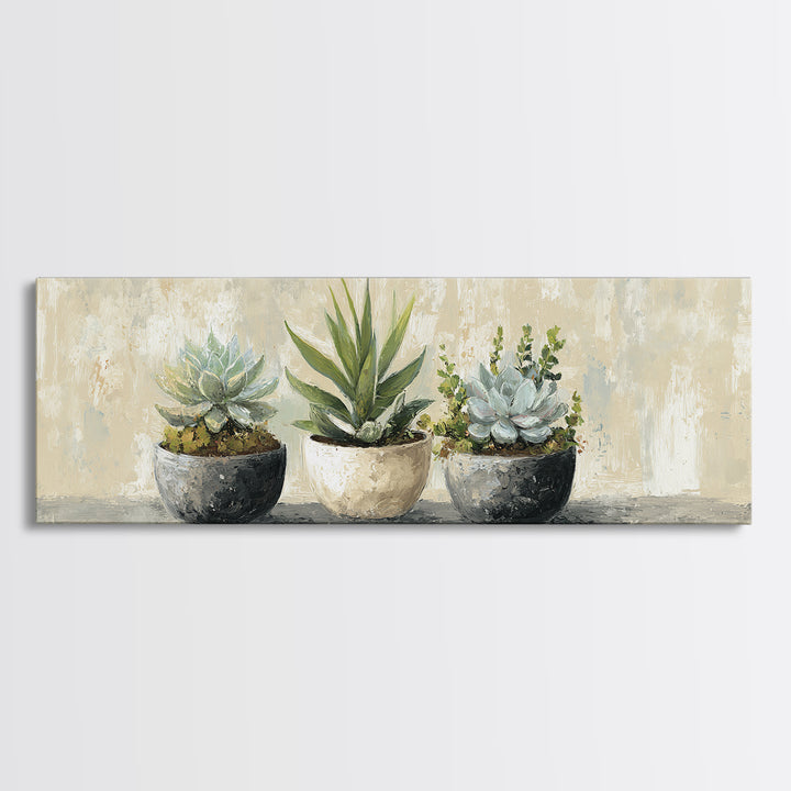 Succulent Collection in Ceramic Planters Canvas Print, Patio Art, Yard Art, Patio Decor, Fine Art, Outdoor, Lake House Decor, PAT-3x1-13