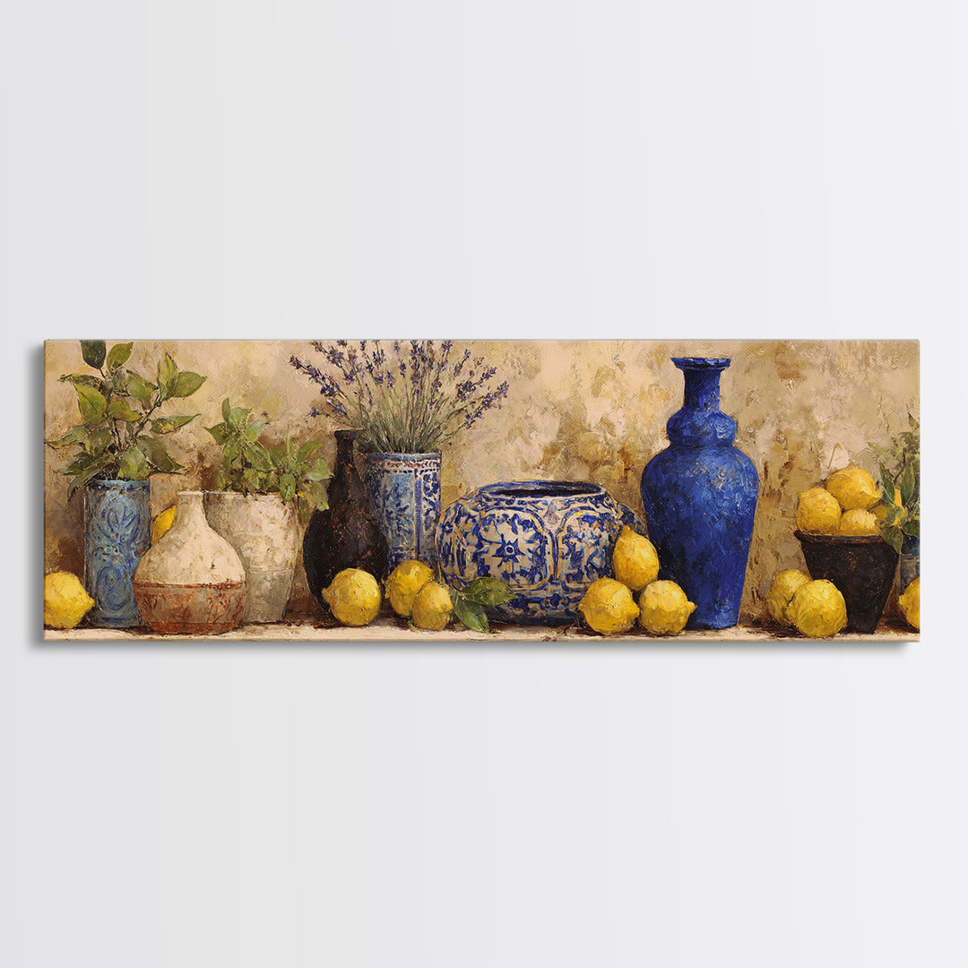 Mediterranean Lemons and Blue Tile Pattern Framed Canvas Print, Patio Art, Outdoor Wall Art, Patio Decor, Fine Art, Outdoor, PAT-3x1-18