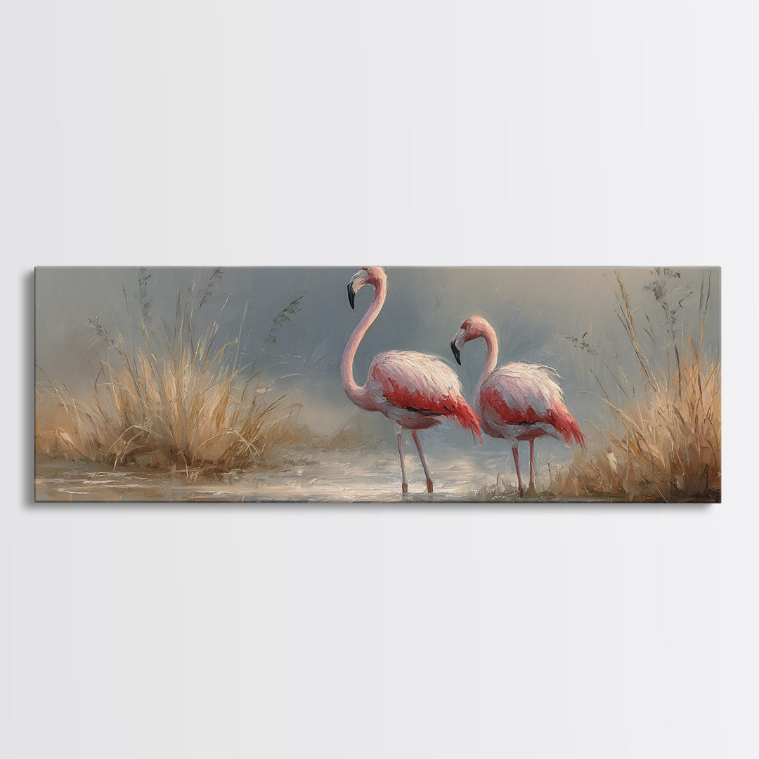 Flamingo Pair Beside Shallow Water Framed Canvas Print, Patio Art, Metal Wall Art, Patio Decor, Outdoor, Coastal Wall Decor, PAT-3x1-2