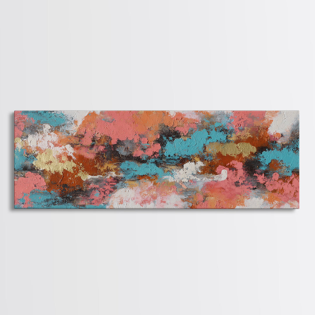 Bright Coral and Turquoise Abstract for Outdoors Framed Canvas Print, Patio Art, Rustic Decor, Patio Decor, Abstract Art, PAT-3x1-28