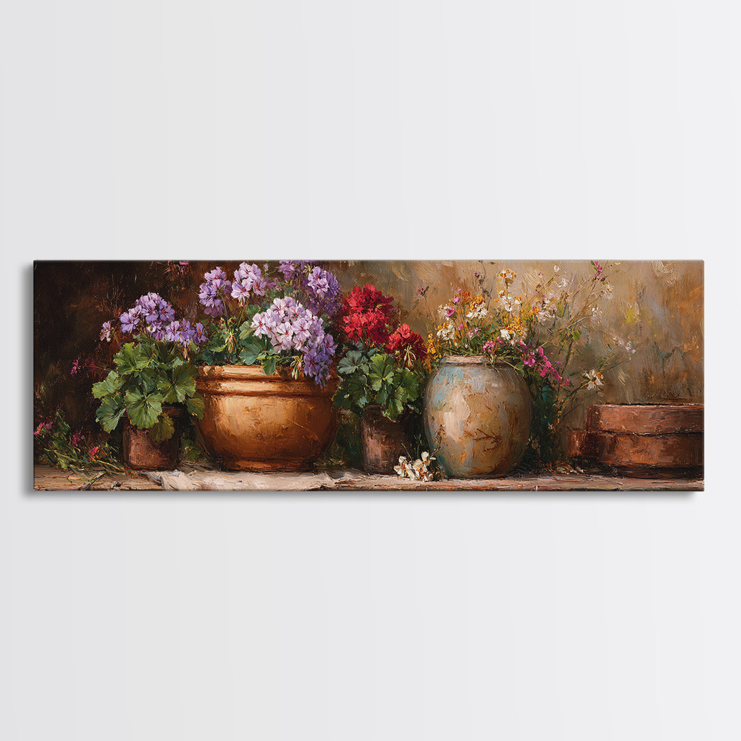 Potted Geraniums in Rustic Clay Pots Canvas Print, Patio Art, Wall Art, Patio Decor, Fine Art, Outdoor, Outdoor Wall Decor, PAT-3x1-30